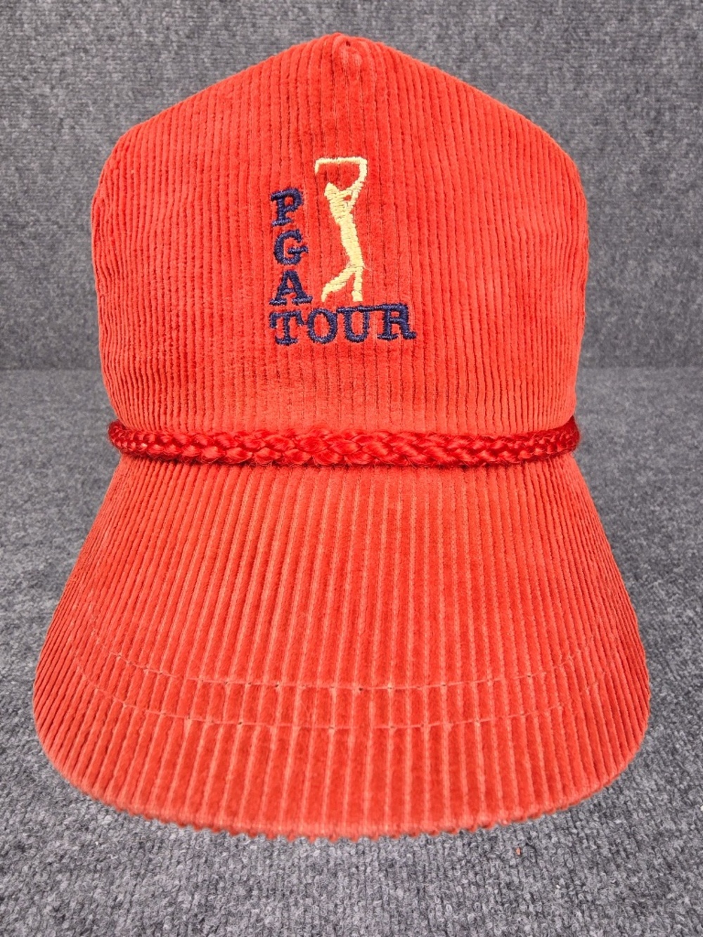 VTG PGA Tour Corduroy Rope Hat Ram Golf Red Leather Strapback
